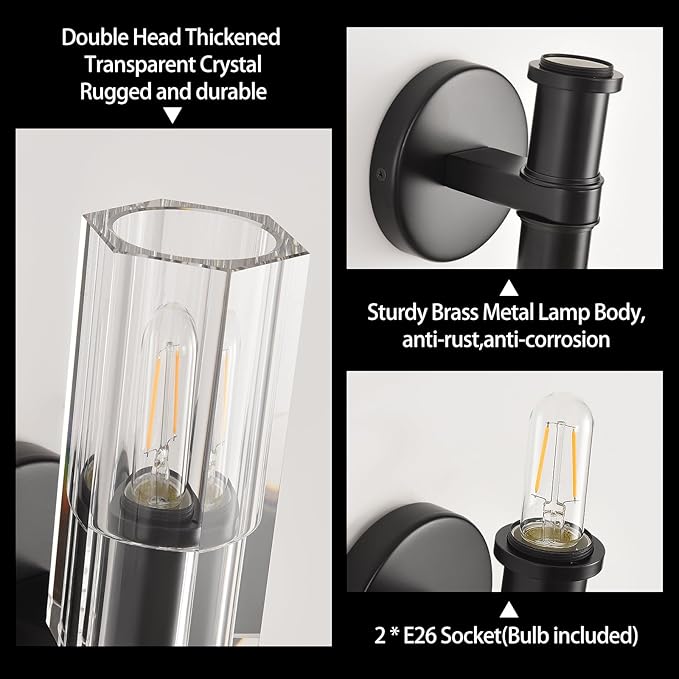 2 Light Black Crystal Wall Sconces,K9 Crystal Sconces Wall Lighting,Crystal Modern Wall Sconces Indoor Wall Light Fixtures Bedroom Wall Sconce for Bathroom,Stairway,Entryway,Hallway, Living