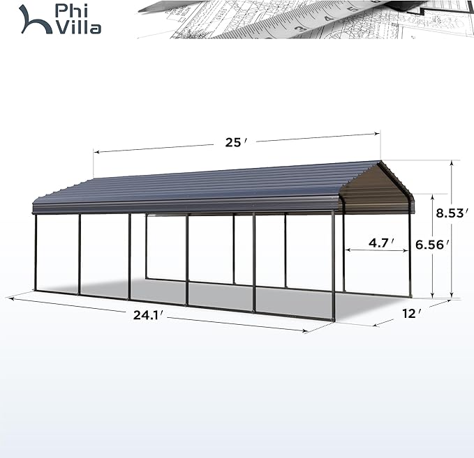 PHI VILLA Outdoor Carport Canopy 12' x 25', Metal Carport Tent Heavy Duty, Garage Car Shelter Shade with Metal Roof, Frame and Bolts for Car, Truck and Boat