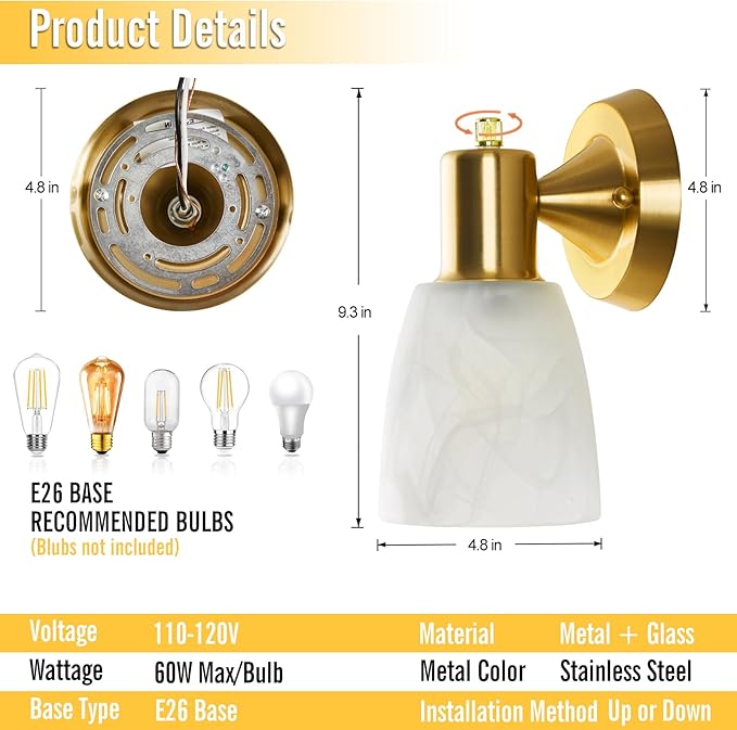 Wall Sconces Set of 2, Gold Vanity Lights for Bathroom, Modern Wall Light Fixtures with Rotary Switch, Wall Mount Light with Frosted Glass, Farmhouse Wall Lamp for Bedroom Living Room