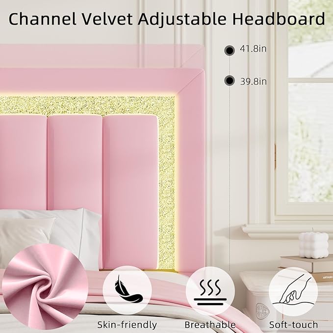 HOMBCK Bed Frame Full Size with LED Lights and Velvet Upholstered Headboard, Bed Frame Full with Modern Diamond Headboard Adjustable, Wooden Slats Support, Noise Free, No Box Spring Needed, Pink