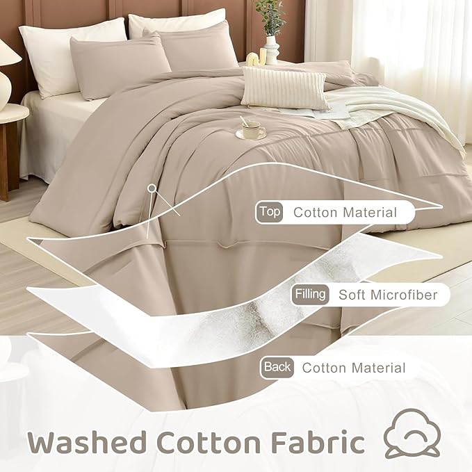 Sanracie Cotton Queen Comforter Set(90"x 95"),Pinch Pleated Linen Colored Breathable Comforter Sets 3Pcs Extra Soft Lightweight Neutral Bedding Set for All Season