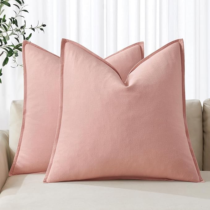 MIULEE Decorative Linen Euro Sham Pillow Covers 24x24 Pink Boho Farmhouse Neutral Couch Throw Pillows for Bed Pack of 2 Accent Modern Pillowcase Sofa Livingroom Home Decor
