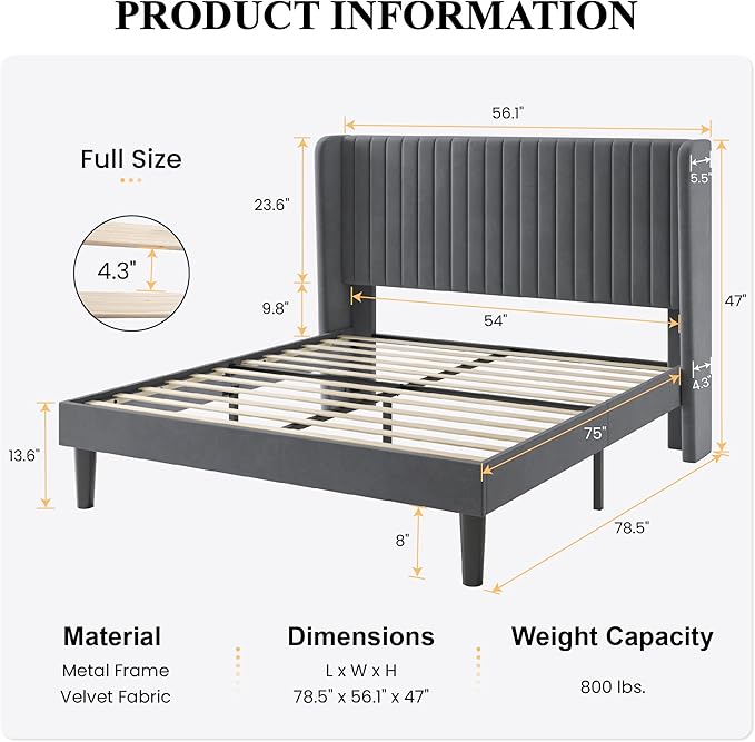 SHA CERLIN Full Size Velvet Bed Frame with Vertical Channel Tufted Wingback Headboard, Upholstered Platform Bed with Wood Slats, No Box Spring Needed, Easy Assembly, Grey