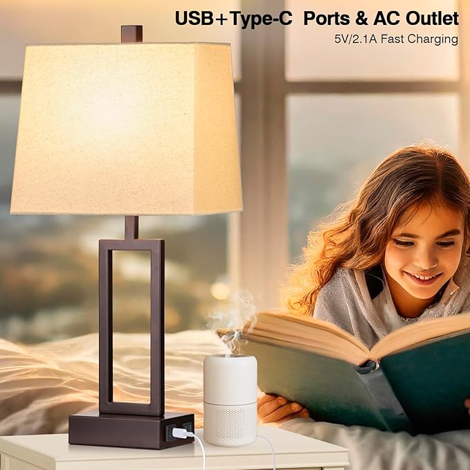Touch Control Table Lamps Set of 2, Modern Brown Bedside Lamps with USB A+C Ports & AC Outlet, 3 Way Dimmable Contemporary Nightstand Lamps for Bedroom Living Room(LED Bulb Included)