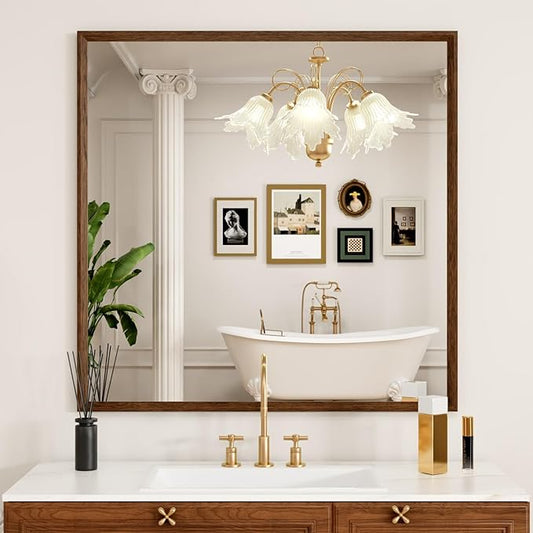Bathroom Vanity Mirror 36x36 Inch, Walnut Rectangle Bathroom Mirror, Anti-Rust, 4MM Tempered Glass, Wall-Mounted Mirror, Hangs Horizontally or Vertically for Bathroom & Bedroom