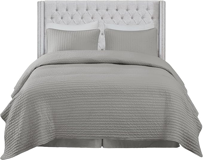Madison Park Amelia Upholstered Headboard | Nail Head Trim Wingback Button Tufted | King, Grey