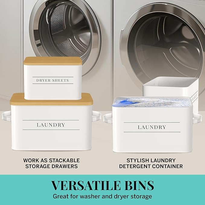 Metal Dryer Sheets Holder with Lid – Set of 2 Storage Bins for Laundry Room Organization & Home Decor – Classic White Metal Laundry Storage Containers with Lids - Sheet Organizers and Storage