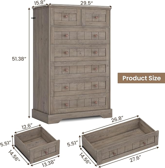 Hasuit Farmhouse Dresser for Bedroom, 7 Drawers Dresser, 51.4"Tall Dressers Chest of Drawers with Hand Carved Panel, Large Wood Closet Storage Organizer Rustic Dressers for Bedroom Living Room Hallway