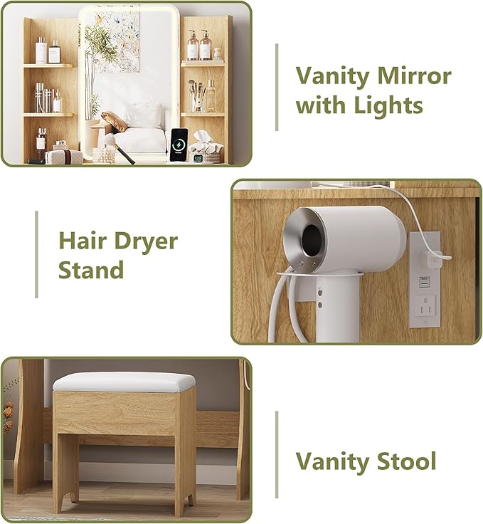 Small Vanity Desk with Mirror and Lights, Makeup Vanity with LED Lighted Mirror, Fluted Vanity with Lights Desk and Chair, 3 Lighting Adjustable Dressing Table with Charging Station for Women,Girls