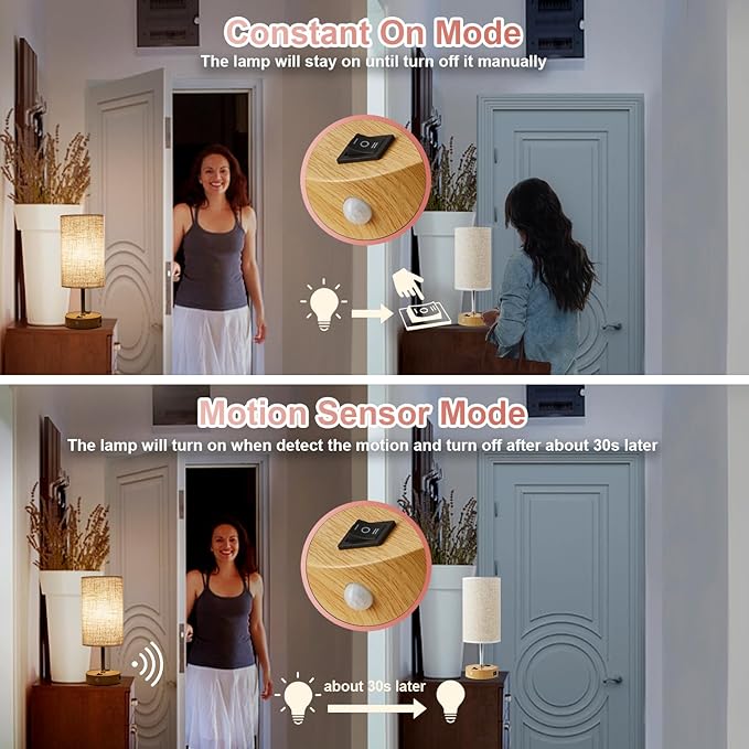 Table Lamp with Motion Sensor or Constant on Mode, USB Lamp Include One LED Bulb, Built in 1 USB Port & 1AC Outlet, Bedside Lamp Idea for Bedroom, Hallway, Bath Room