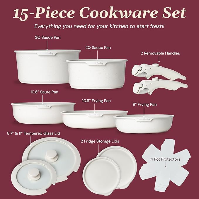 15-Piece White Granite Nonstick Cookware Set – Detachable Handles & Tempered Glass Lids – Stackable & Cool-Touch - Induction & Oven Safe to 480°F - Scratch-Resistant, PFOA & PFOS-Free