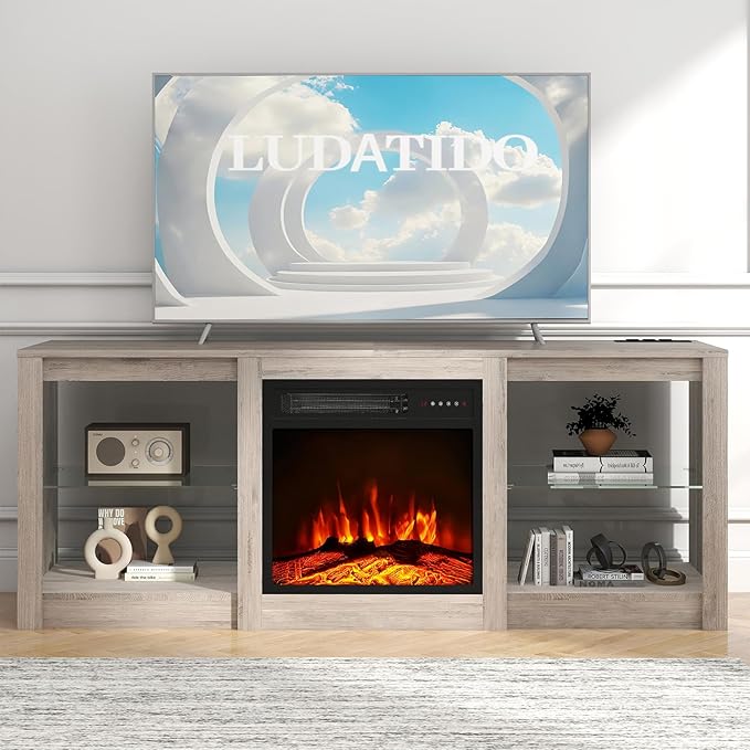 Ludatido 58 Inch TV Stand with 18 inch Fireplace Insert LED Light Entertainment Center Electric Fireplace TV Stand with USB&AC Power Interface for Living Room/Bedroom/Media Room Use(Gray)