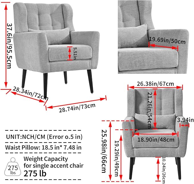 Accent Chair, Comfy Upholstered Living Room Chairs with High Tufted Backrest and Pillow, Wingback Reading Chair with Solid Wood Legs for Bedroom/Office, Chenille Fabric, Grey