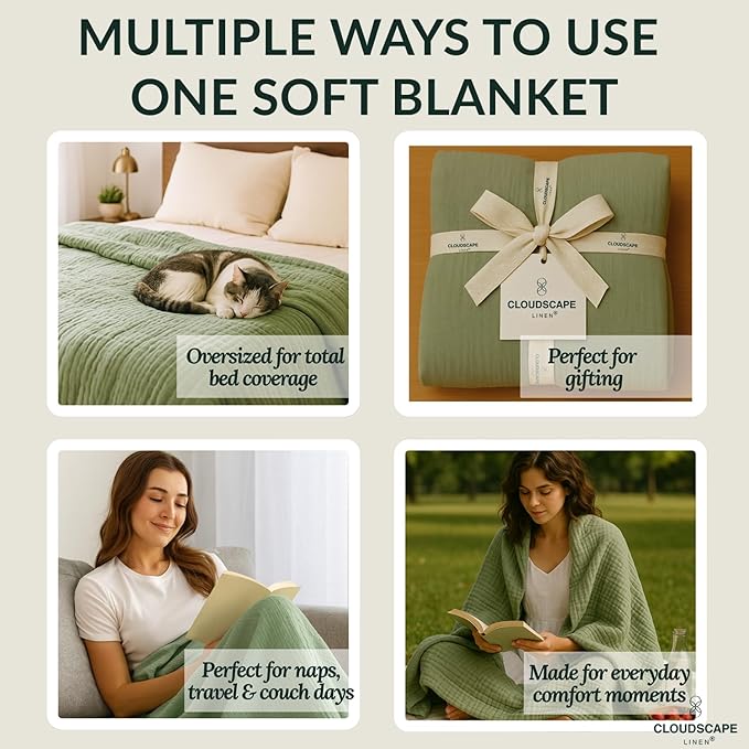 Soft 4 Layer Muslin Cotton Blankets Queen Size for Bed, 100% Cotton Blanket for All Season, Pre-Washed Gauze, Best Summer Blanket, 92x92, Seafoam Green