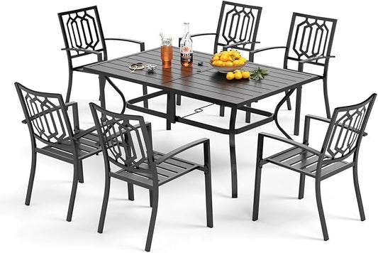 PHI VILLA 7 Pieces Patio Dining Set, Outdoor Dining Table Set for 7 with Stackable Patio Dining Chairs, Patio Table and Chairs Set for Outsides, Black Style 2