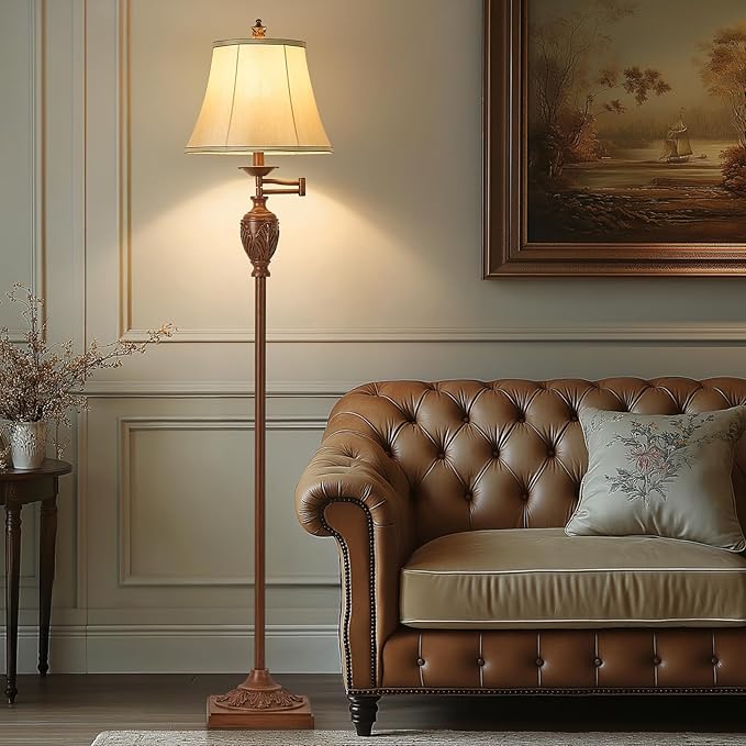 Traditional LED Floor Lamp with 350° Adjustable Swing Arm Lamp – Vintage Standing Pole lamp for Living Room, Bedroom and Office – Rustic Upright Floor Light for Home Décor with Faux Silk Fabric Shade