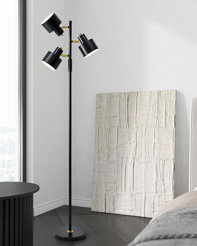 OYEARS Floor Lamp for Living Room Bright Lighting Tall Modern Industrial Vintage Standing Corner Lamps LED Metal Light Office Bedroom Study Gold Black Cream Matte Accent (3-Light, Black)