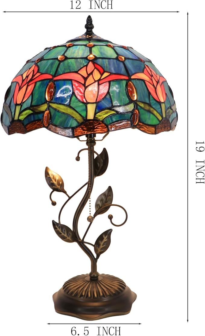 Tiffany Table Lamp, Stained Glass Desk Light, W12H19 Inch, Metal Leaf Base (Tulip Style)
