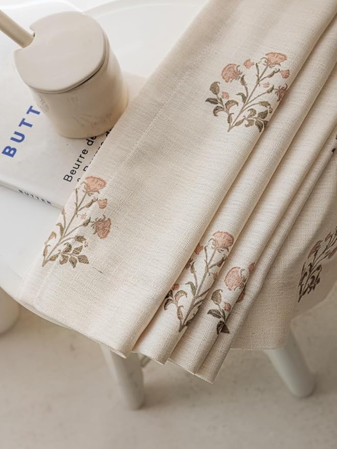 Linen Blend Pinch Pleated Curtains for Living Room, Bedroom, Dining Room - Light Filtering Curtains 2 Panels Set - Luxury and Modern Floral Printed Design - Beige White, 30" W x 84" L
