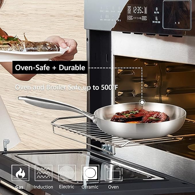 LOLYKITCH 10-12 Inch Tri-ply Stainless Steel Frying Pan Set with Lids,Skillets,Induction Cookware Set,Dishwasher and Oven Safe,Detachable Handle