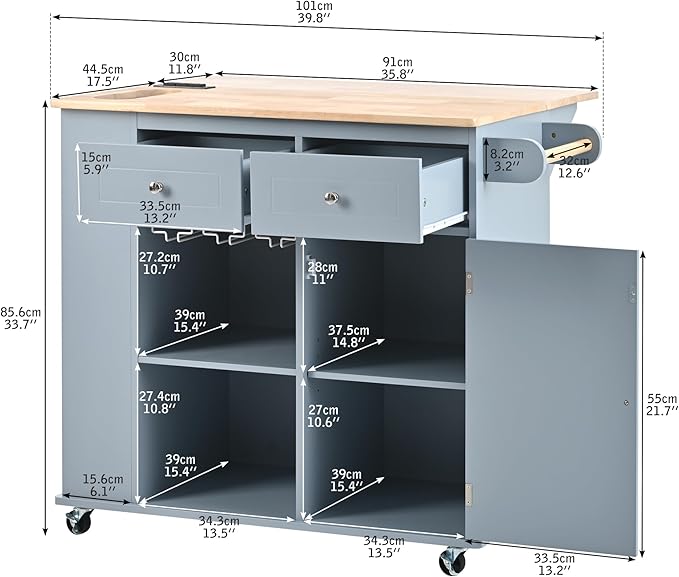 Rolling Mobile Kitchen Island Cart Cabinet with Door, Wine Rack, 2 Drawers and Open Storage Shelves for Dining Room