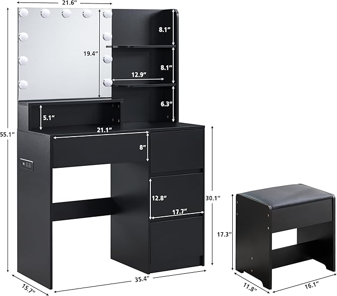 Black Vanity Desk with Mirror and Lights- Makeup Vanity Table Set with Power Outlet, 4 Drawers and Stool, Small Makeup Table with 3 Lighting Color Adjustable for Bedroom
