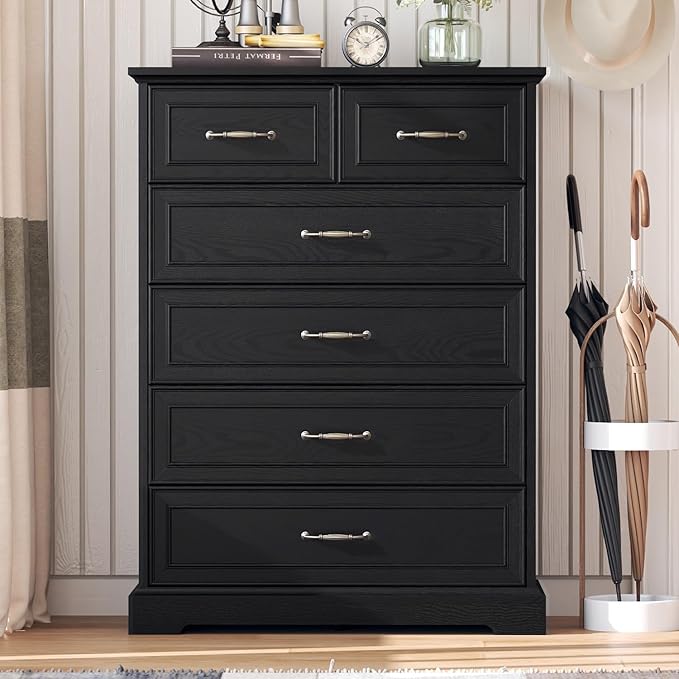 Dresser for Bedroom with 6 Drawer, 43'' Tall Dresser for Closet, Farmhouse Wooden Chest of Drawers with Natural Wood Texture, Vintage Storage Organizer for Living Room, Hallway, Black