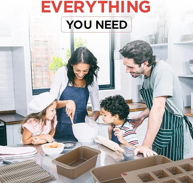 Elbee Home 8-Piece Nonstick Space Saving Bread Baking Pan Set - Includes Large Roasting Pan - Bread Loaf Pan - Baguette Pan - Cooling Rack - 8-Cavity Mini Loaf Pan Aluminized Steel - PFOA & PFOS Free