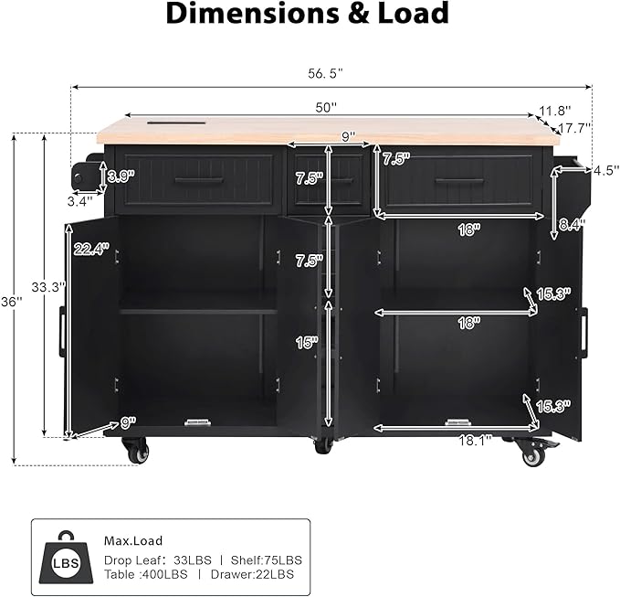 Merax 56.5" Kitchen Island with Drop Leaf, Power Outlet, Embossed Vertical Stripe Rolling Kitchen Cart on Wheels with 4 Doors, 5 Deep Drawers and Adjustable Shelves for Dining Room, Black