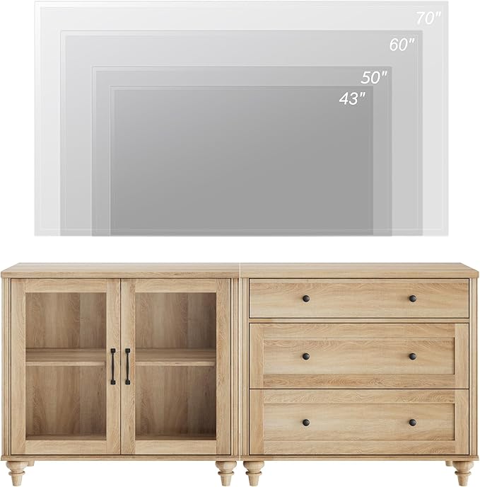 WAMPAT TV Stand for 75 Inch TV, Wood TV Cabinet Entertainment Center Television Stands for Living Room, 2-in-1 Sideboard Buffet Cabinet with Glass Door & Drawer for Kitchen, Oak