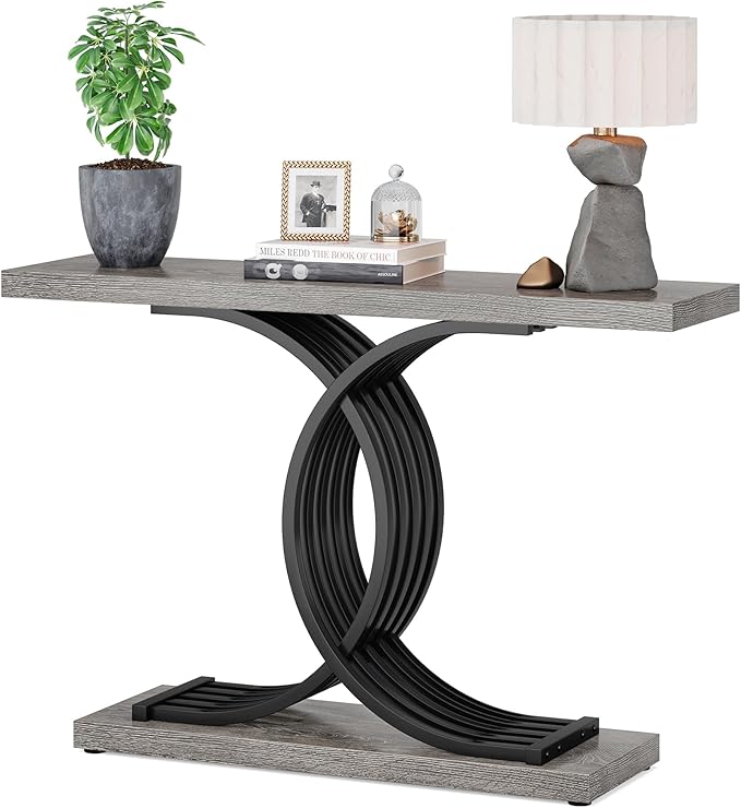 Console Tables for Entryway, Modern Farmhouse 39-inch Entryway Table with Geometric Base, Wooden Hallway Table for Entrance, Living Room (Brown)