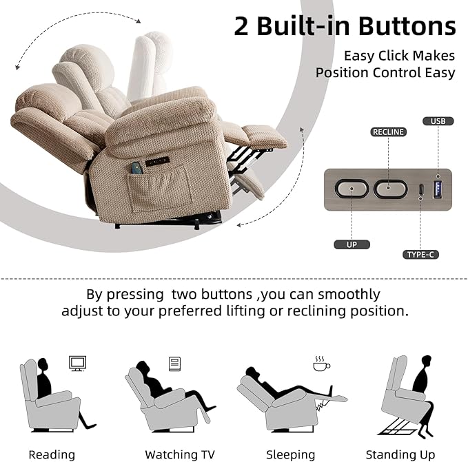 Phoenix Home Oversize Power Lift Recliner Chair with Heat & Massage for Elderly, Extra Large Electric Chair for Adult, Recliners for Living Room,2 Side Pockets, USB and Type-C Port, Light Brown