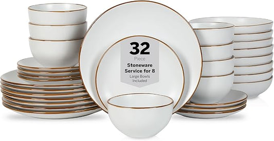 Stone Lain Brasa Stoneware 32 Piece Dinnerware, Plates and Bowls Sets for 8, White, Glossy Rustic-Chic Design, Microwave & Dishwasher Safe