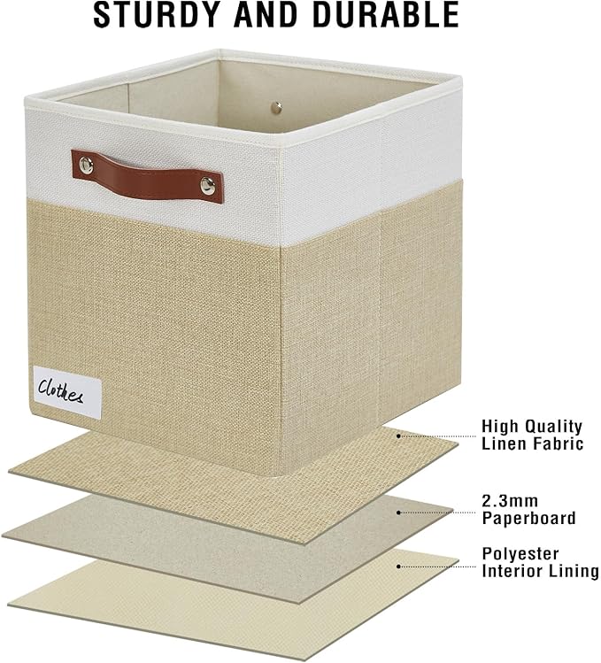 Collapsible Fabric Storage Cube Bins with 2 Reinforced PU Handles, Foldable Storage Organizer Baskets for Closet, Shelves, Living Room | 11"x11"x11", 4 Pack, Beige & White