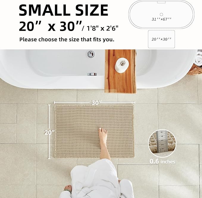 Pale Beige Bathroom Rug, Waffle Bath Mat Non Slip Washable Super Absorbent Quick Dry Boho Farmhouse Bathroom Decor, 30''x20'' Pale Beige