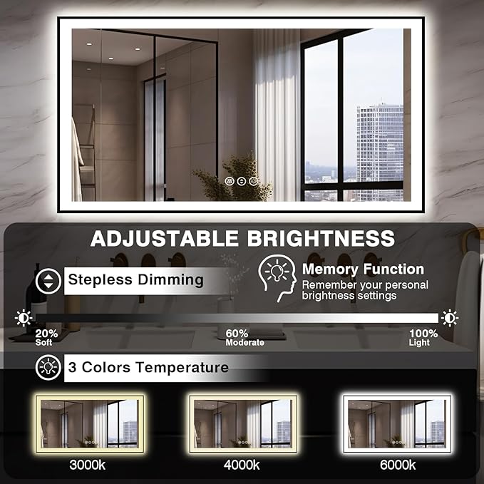 55x30 LED Bathroom Mirrors for Wall -Black Aluminum Framed (Front and Backlit), Anti-Fog Vanity Mirror With Lights,Stepless Dimmable Lighted Mirror,3 Colors Smart Mirror(Horizontal/Vertical)