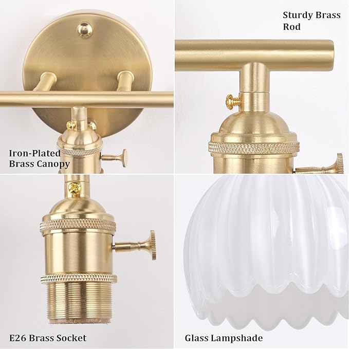 Bathroom Light Fixtures, 3-Light Brass Vanity Wall Light Over Mirror with White Tulip Glass Shade for Bedroom Living Room