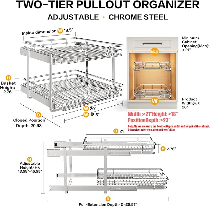 2-Tier Kitchen Cabinet Pull Out Shelf and Drawer Organizer Slide Out Pantry Storaqe Basket in Multiple Sizes (20" Wx 21" D,)