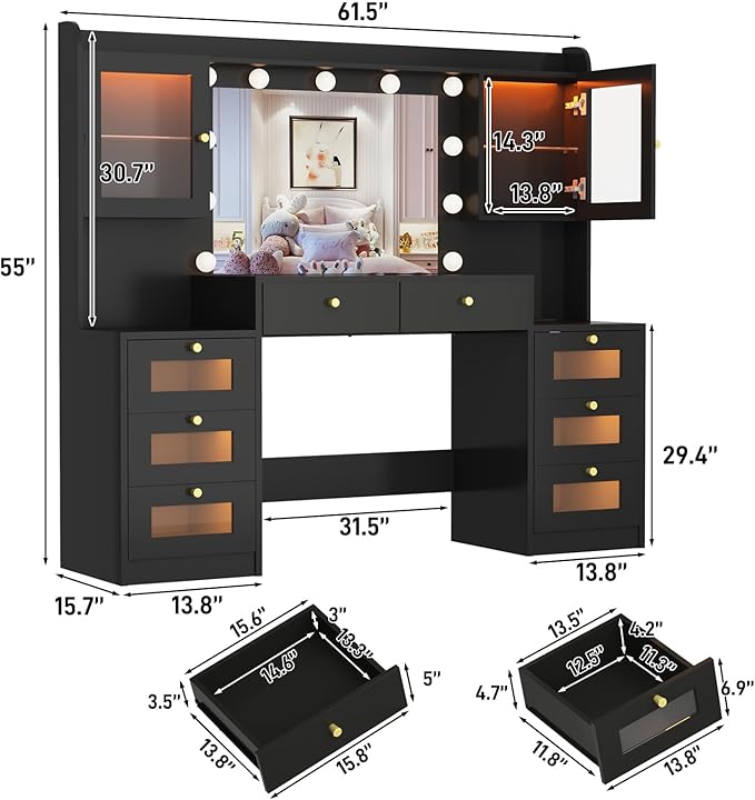 62" Large Makeup Vanity Desk with Mirror and Lights, Glass Top Vanity Table with Power Outlet & Lighted Glass Cabinet , 8 Drawers, Dressing Table with 3 Colors Lights for Bedroom Dressing Room, Black