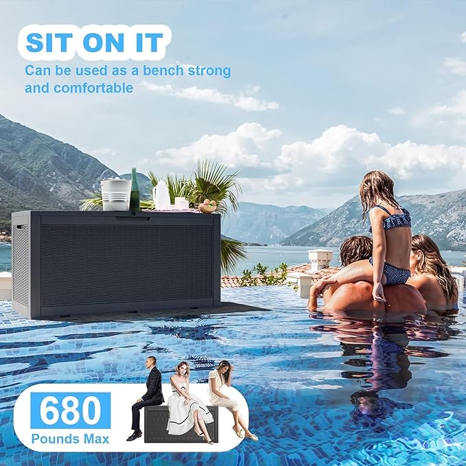 102 Gallon Outdoor Storage Box Waterproof, UV Resistant Resin Deck Box with Hydraulic Rod, Lockable Design and Enhanced Durability for Patio, Garden, and Poolside Use