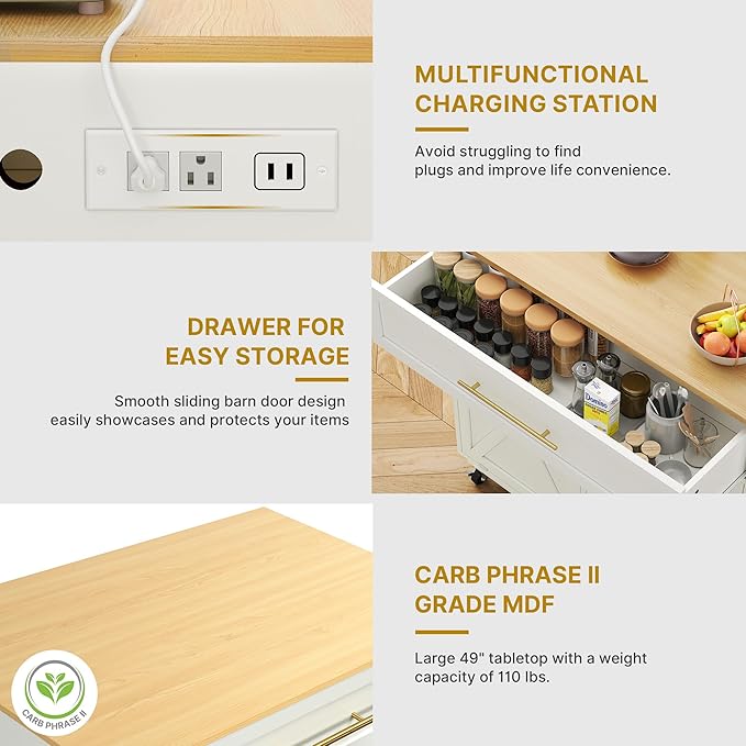 DWVO Kitchen Island with Power Outlet, 40 inch Rolling Island Table with Trash Can Cabinet fits Double 10-Gallon Bin, Square Mobile Storage Islands with Tilt Out Garbage Bin Cabinet, White Oak