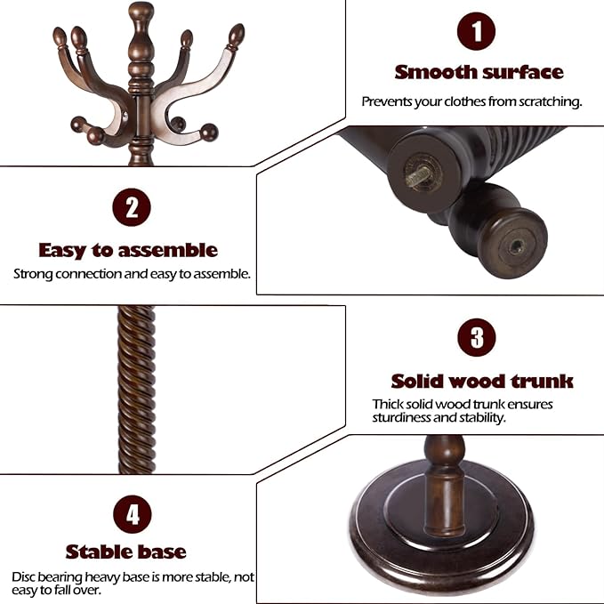 Coat Racks Free Standing with 14 Hooks, Natural Wood Coat Stands for Entryway, Adjustable Height 73 in Tree Coat Rack Stand for Hallway Home Office Bedroom (Dark Brown)