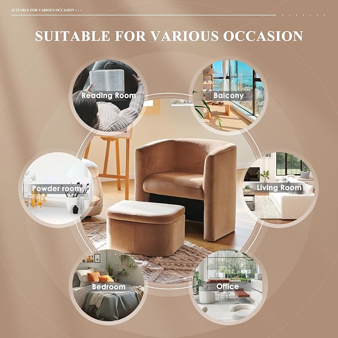 COLAMY Morden Velvet Barrel Accent Chair with Storage Ottoman Set of 2, Upholstered Living Room Side Chair, Single Sofa Armchair with Lounge Seat for Bedroom/Office/Reading Spaces, Khaki