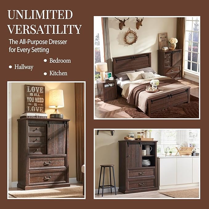 Farmhouse 5 Drawers Dresser for Bedroom, 47" Tall Chest of Drawers w/Sliding Barn Door, Rustic Wood Dressers Organizer w/Adjustable Shelves for Bedroom, Living Room, Kitchen, Brown