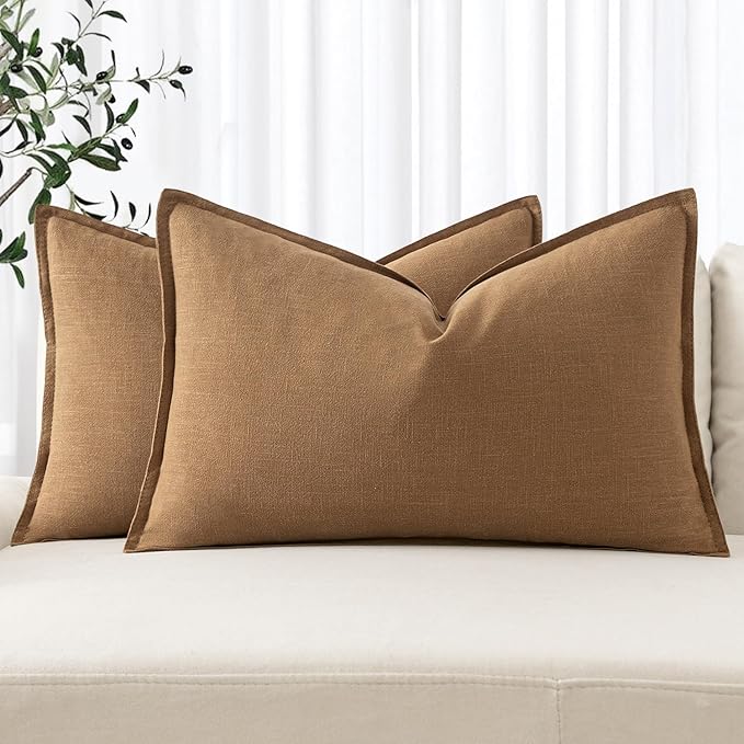 MIULEE Decorative Linen Lumbar Pillow Covers 12x20 Inch Brown Boho Farmhouse Neutral Couch Throw Pillows for Bed Pack of 2 Accent Modern Pillowcase Sofa Livingroom Home Decor