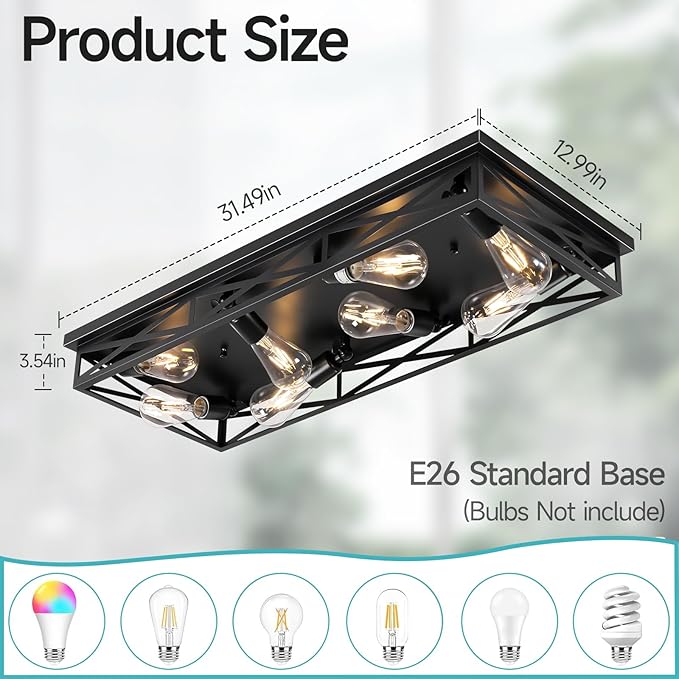 8-Light Large Flush Mount Ceiling Light Fixture, 31" Black Hallway Light, Metal Cage Closed to Ceiling Mounted Lights, Farmhouse Flush Mount Light Fixture for Bedroom Kitchen Hallway Entryway