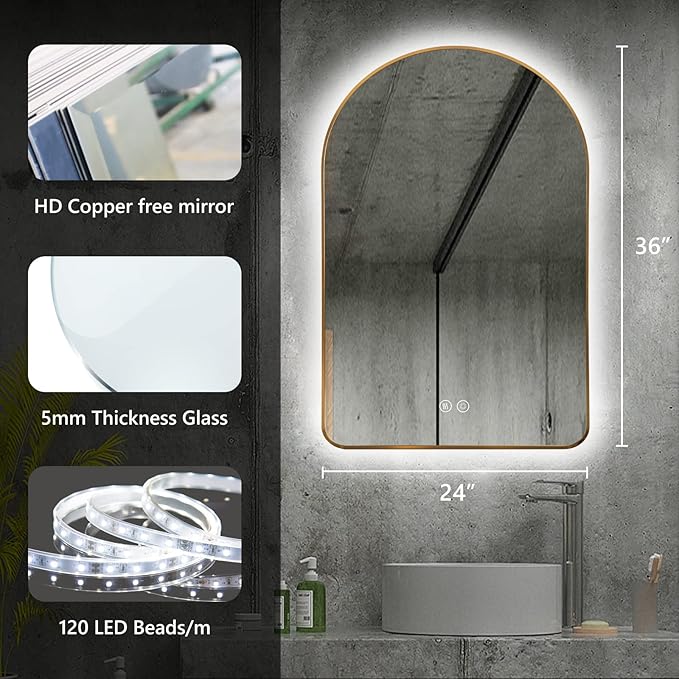 Niccy Arched LED Lighted Bathroom Mirror, 36x24 Inch Backlit Vanity Bathroom Mirror with Lights Brushed Gold Framed Wall Mounted Mirrors with 3 Color Shatterproof Arch Smart Fog Free Mirror