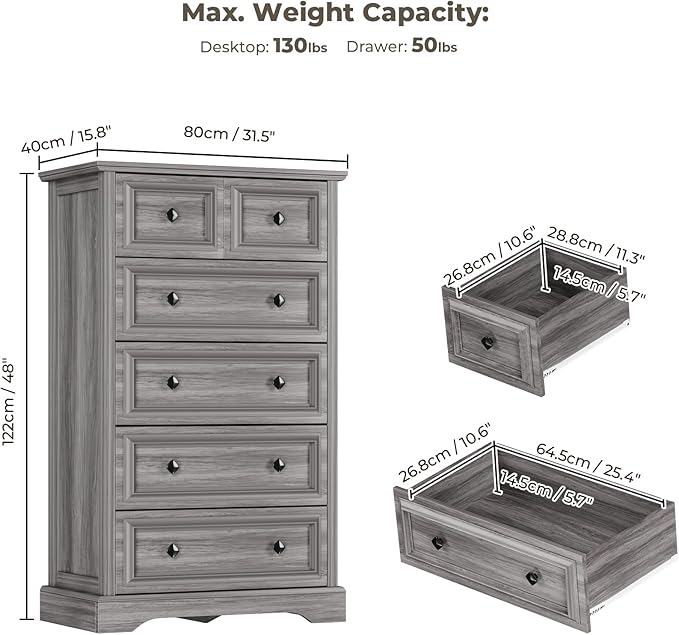 Grey Dresser, 48" Tall Dresser with Natural Texture & Metal Handles, 6 Drawer Chest of Drawers for Bedroom, Living Room, Hallway, Vintage Design