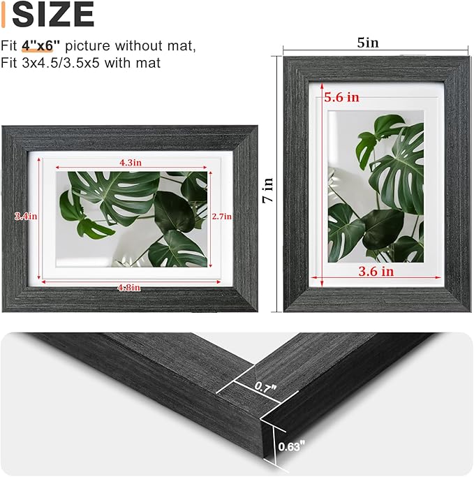 Egofine 4x6 Picture Frame Made of Solid Wood with Plexiglass, Display Pictures 3.5x5 with Mat or 4x6 Without Mat for Tabletop and Wall Mounting, Rustic Black