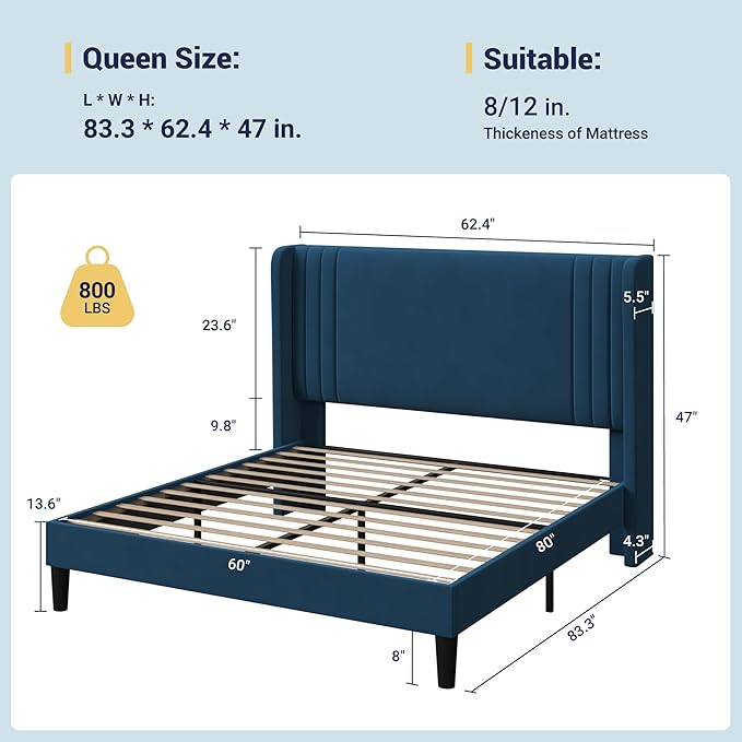 Allewie Queen Size Velvet Platform Bed Frame with Vertical Tufted Wingback Headboard, Easy Assembly, Under Bed Storage, No Box Spring Required, Modern Style, Blue